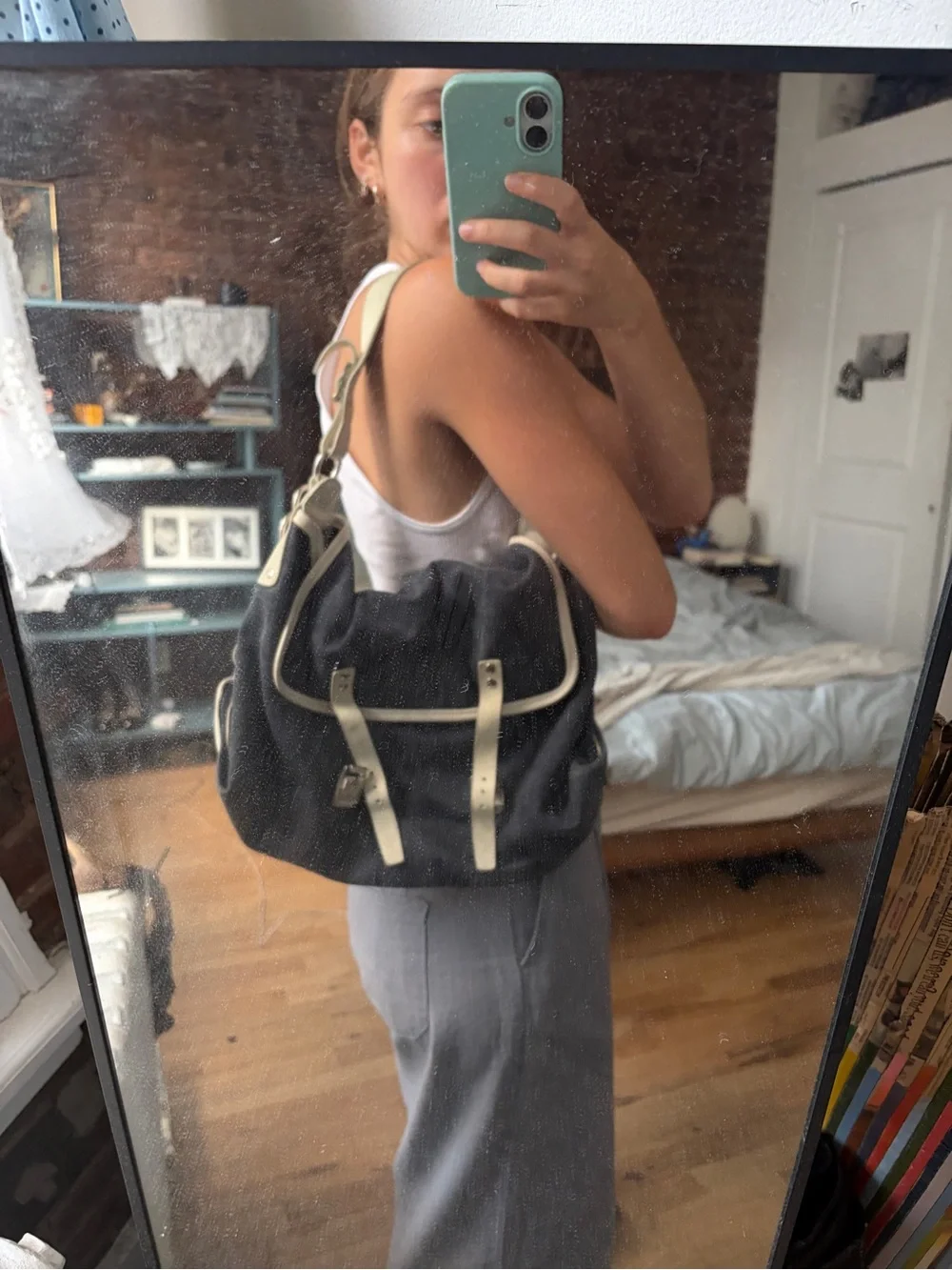 Hogan Navy Canvas Hobo with Cream Trim